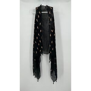 Womens‎ Boho Sheer Feather Print Duster Vest One Size Black Gold Tassel Hem